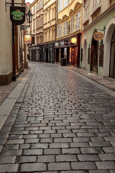 Narrow wet cobblestone streets in Old Town in Prague-Czech Republic